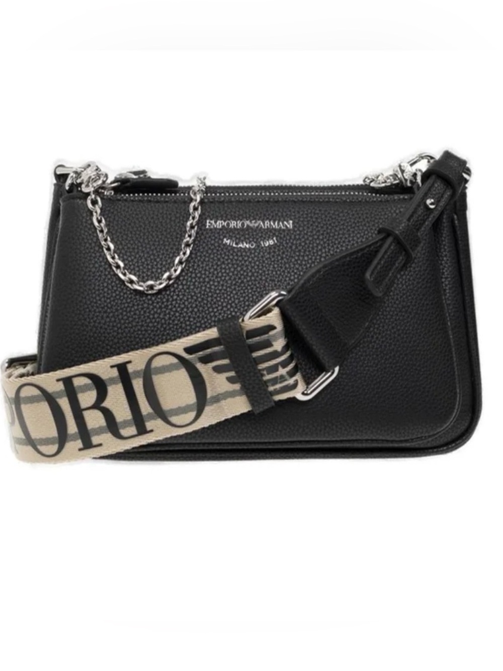 Emporio Armani Black Pebbled Crossbody Bag with Logo Webbing Strap